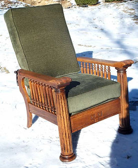 AFTER picture of an Oak Morris Chair/Recliner that was reupholstered and restored.