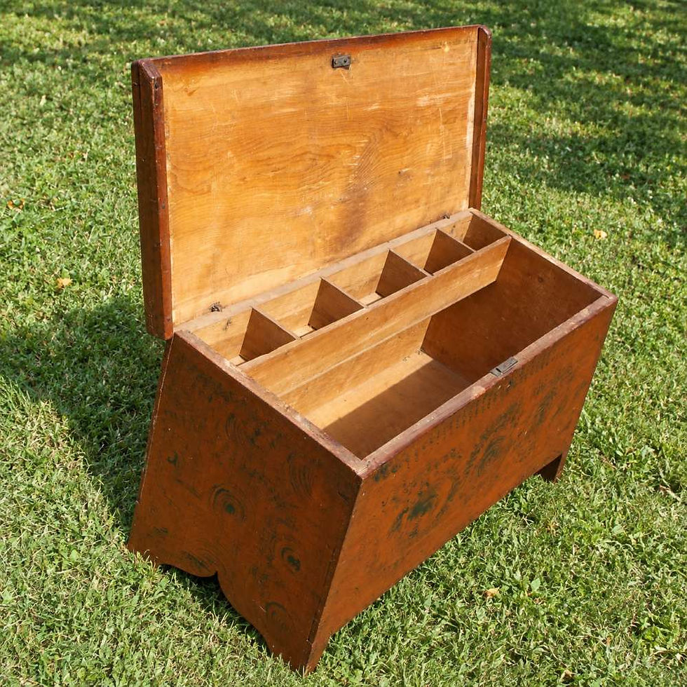 Antique grain-painted wooden chest with the lid open, showing the fitted interior compartments and storage area.