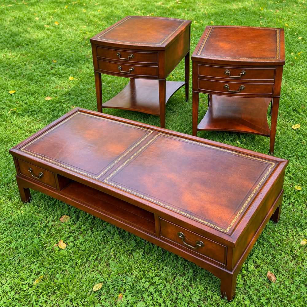 3-piece mahogany furniture set with a coffee table and two matching end tables on grass.
