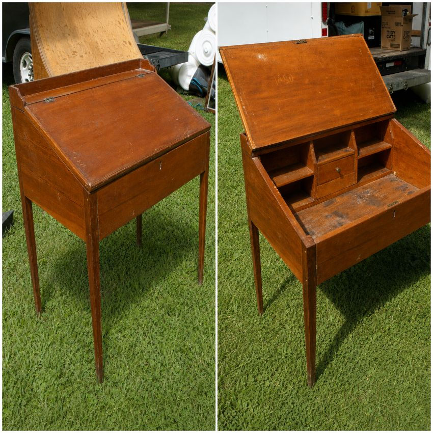 Picture of slant front shown closed and open views.
