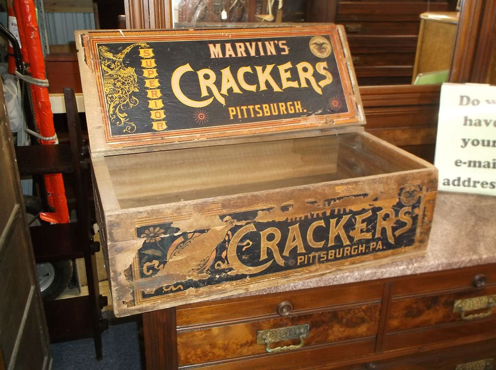 Antique wooden National Biscuit Co cracker box labeled Marvin Crackers Pittsburgh PA Superior