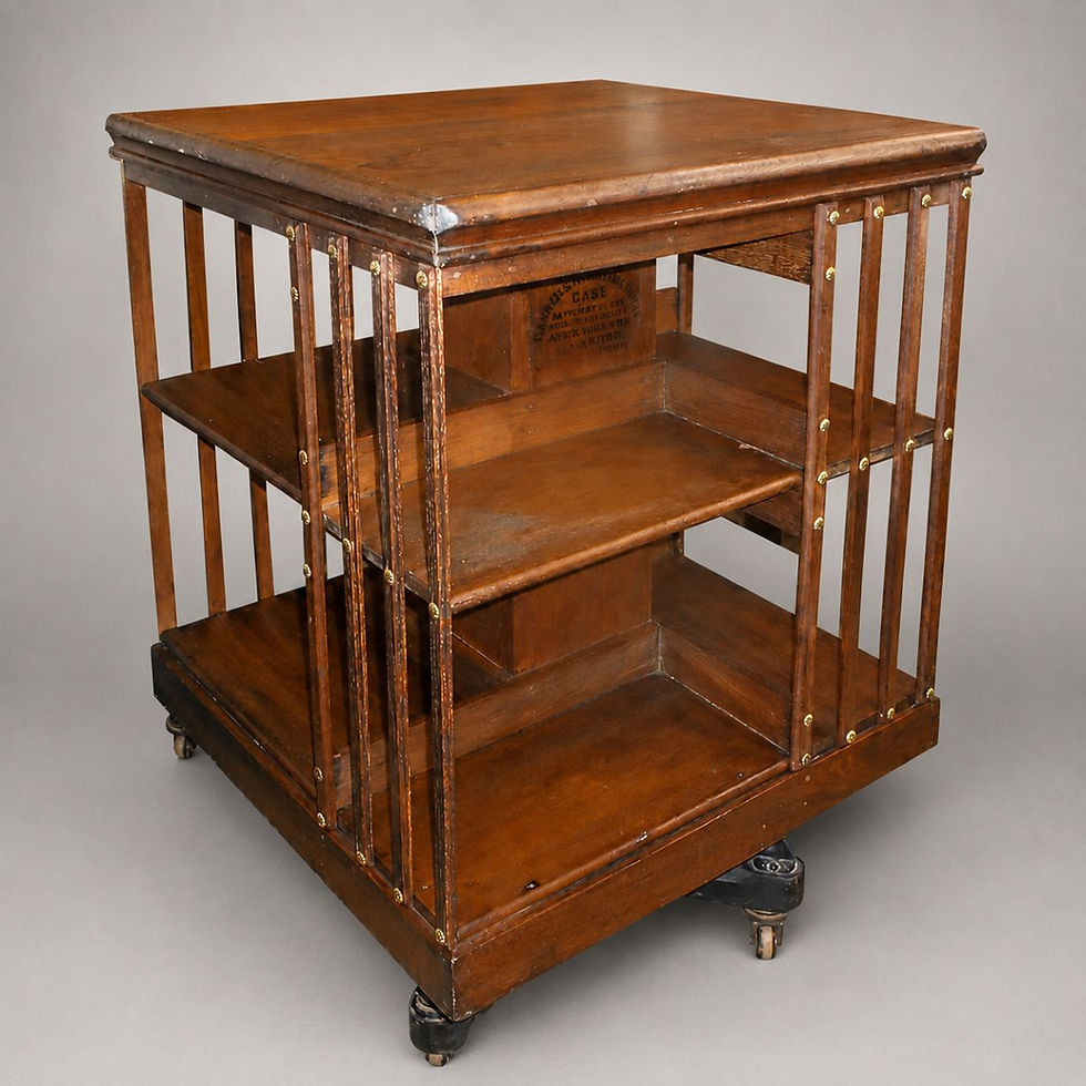 Antique wood rotating bookcase with open shelves and casters
