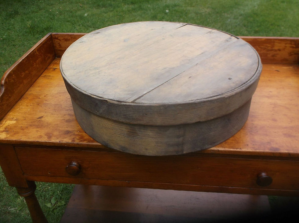 Thumbnail: Round wooden box on stenciled stand with turned legs