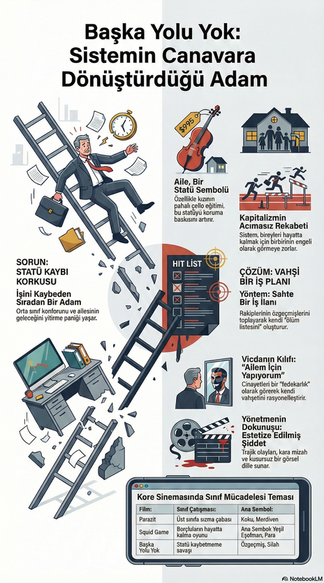 Sistemin canavara dönüştürdüğü adam: Başka Yolu Yok filminin kapsamlı tema ve karakter infografiği.