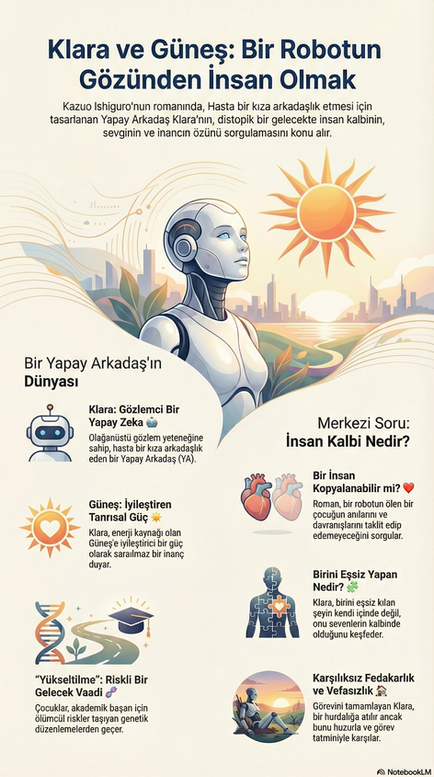 Kazuo Ishiguro'nun Klara ve Güneş romanındaki "insan kalbi nedir?" sorusuna odaklanan, distopik gelecek ve fedakarlık temalı görsel inceleme.