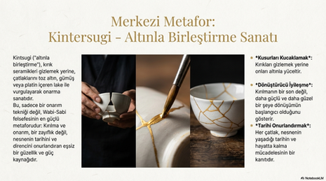 Kintsugi sanatı: Kırık parçaları altınla birleştirerek yaşanmışlıkları ve direnci onurlandıran onarım tekniği.