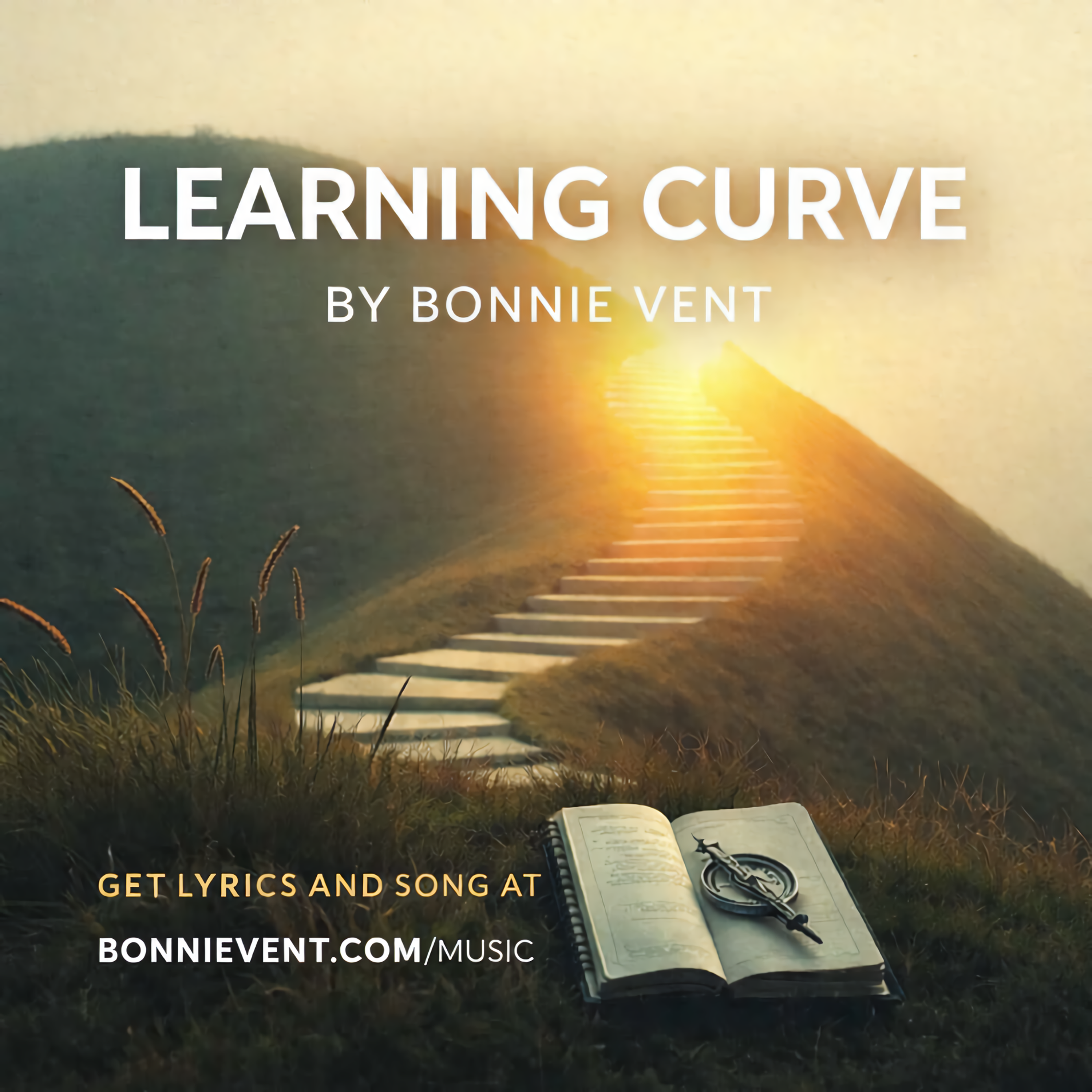 Learning Curve by Bonnie Vent album cover with a winding path toward a sunrise and a notebook with compass symbolizing growth