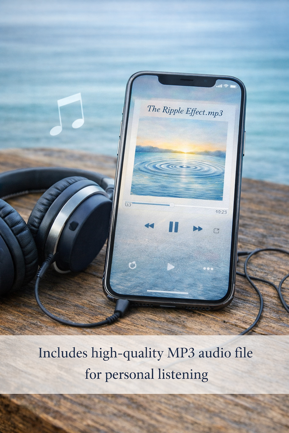 Thumbnail: Smartphone playing The Ripple Effect single by Bonnie Vent with headphones on a wooden surface