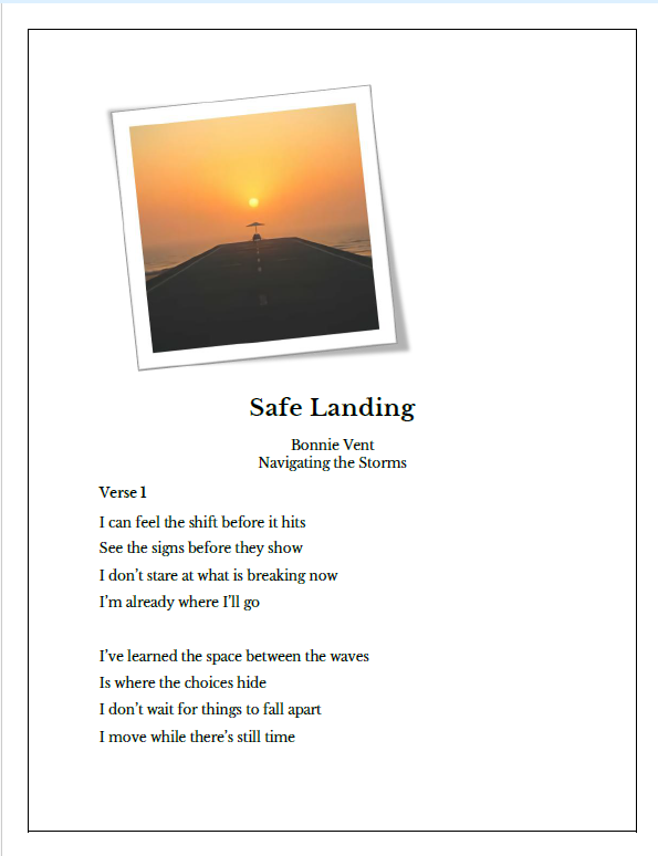 Thumbnail: Printable lyric sheet preview for Safe Landing single by Bonnie Vent