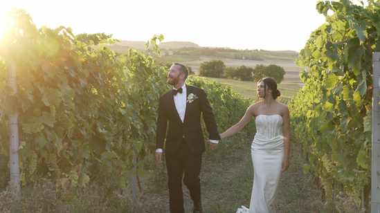 bride and groom walking vineyards golden hour france