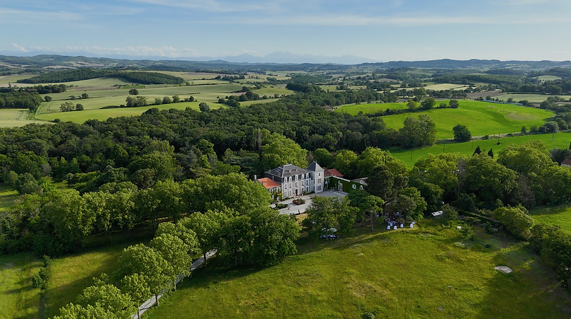 drone shot of french chateau