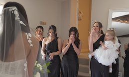 bride first look with bridesmaids wedding morning
