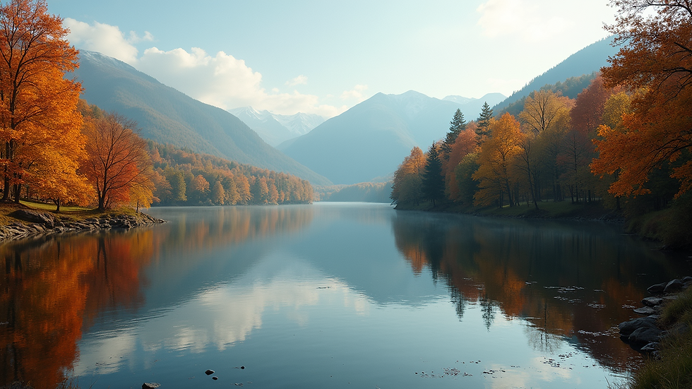 Wide angle view of a serene lake reflecting autumn trees