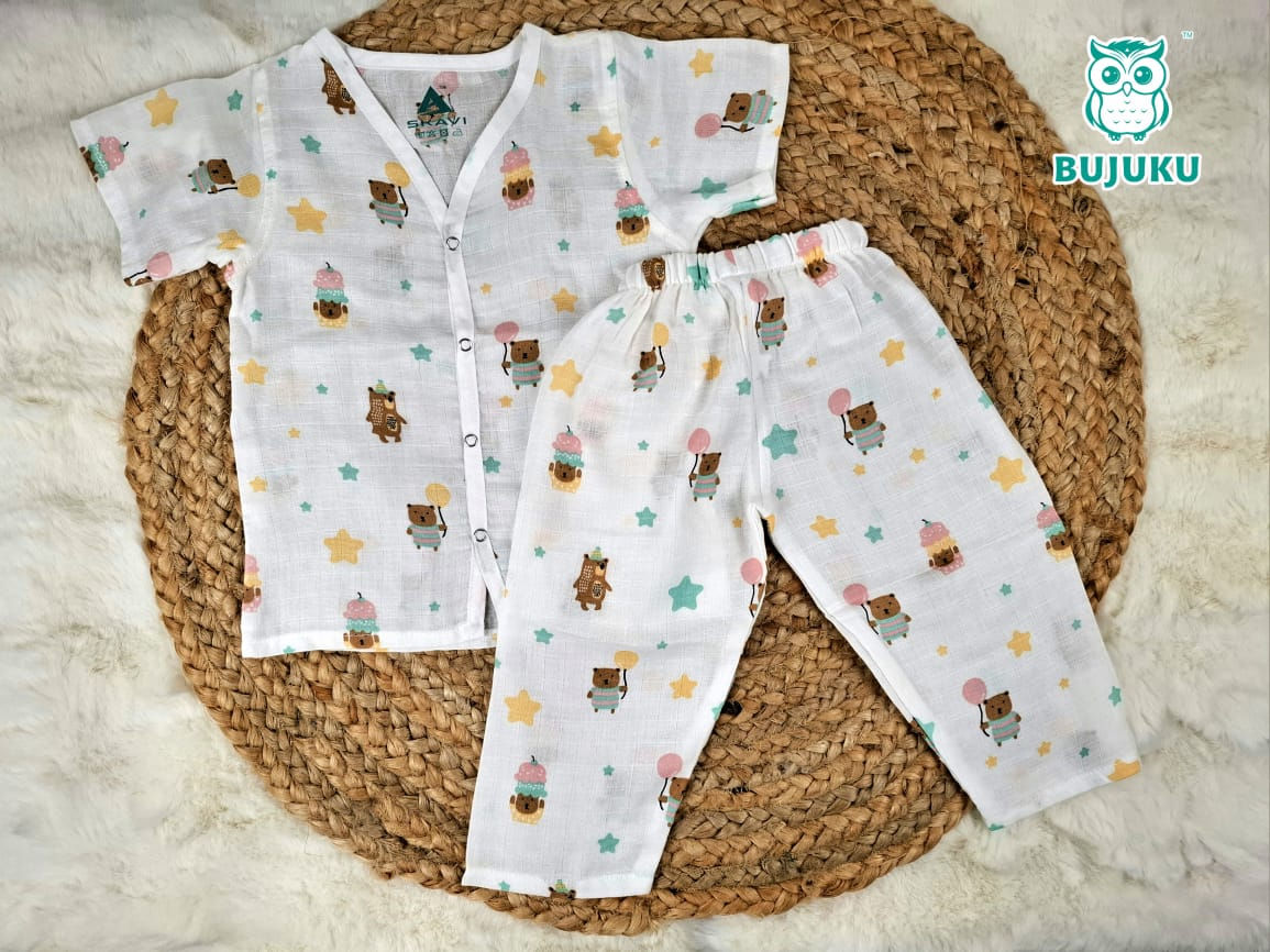 Muslin Half Sleeve Night Suit / Pyjama Set - 100% Cotton - Happy Teddy
