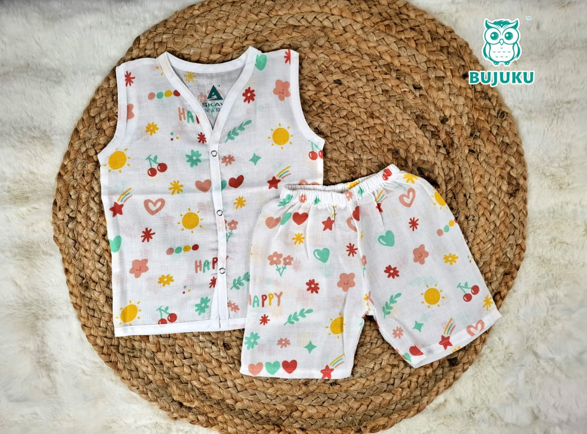 Muslin Sleeveless Jabla Co Ord Set / Jabla Shorts - 100% Cotton - Happy