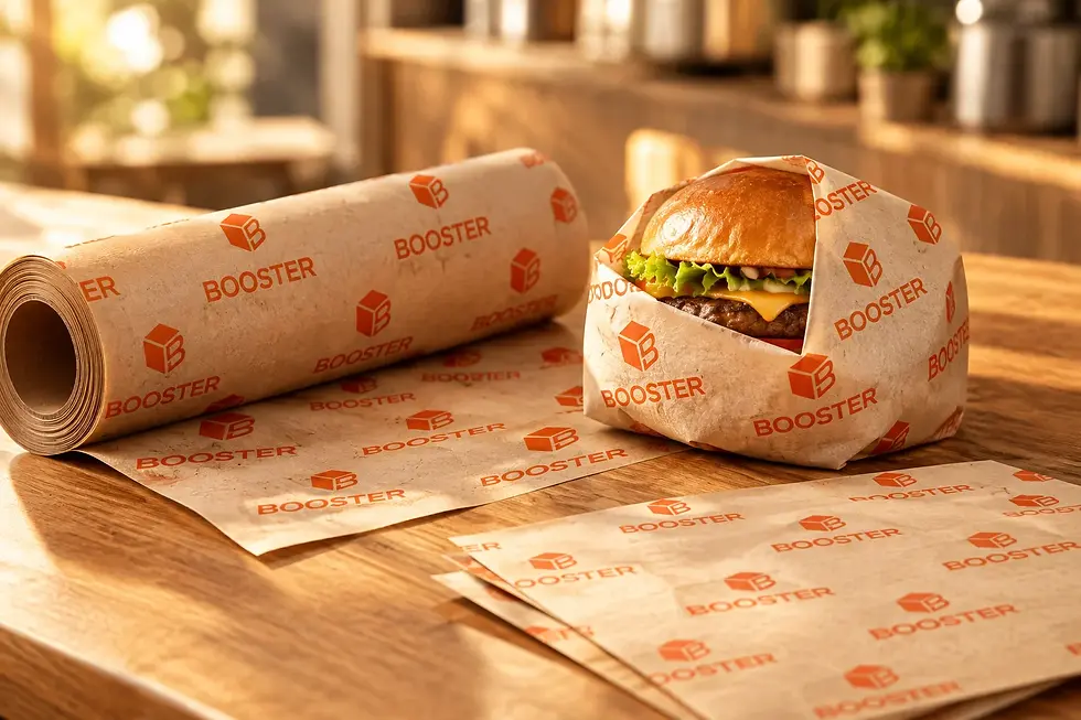 Papel kraft y antigrasa con logotipos impresos, ejemplos de personalización en packaging de hostelería