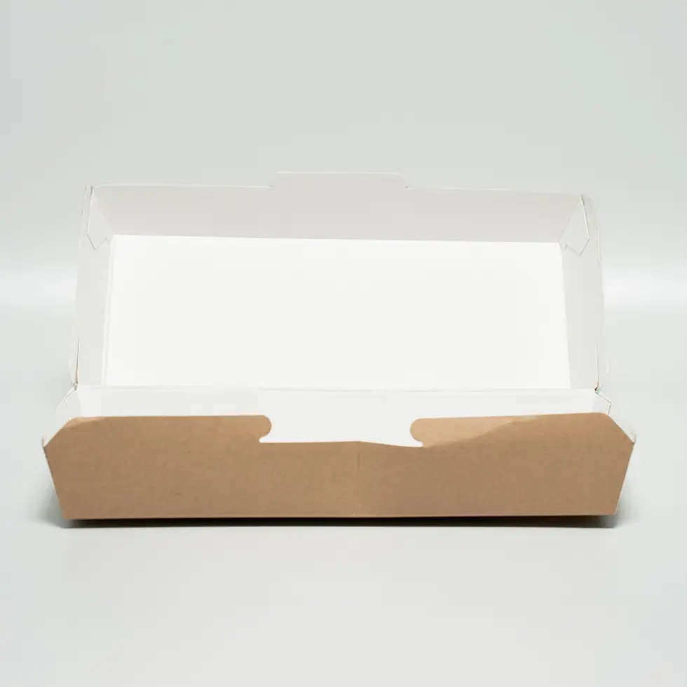 Interior blanco de caja alargada kraft para catering y hostelería