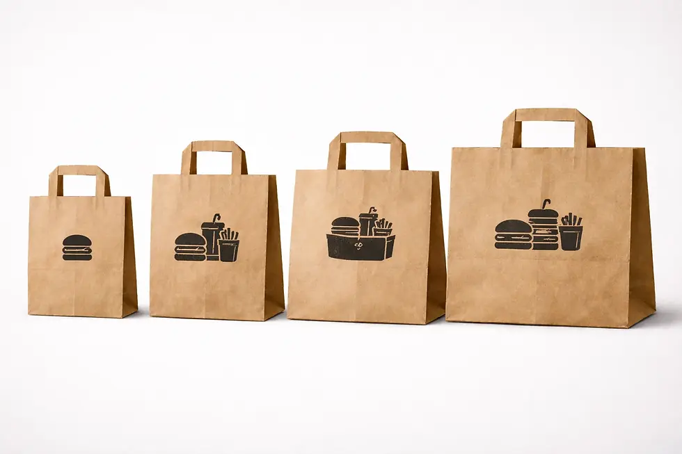 Bolsas take away de papel kraft en diferentes tamaños para pedidos individuales, menús y combos de comida para llevar.