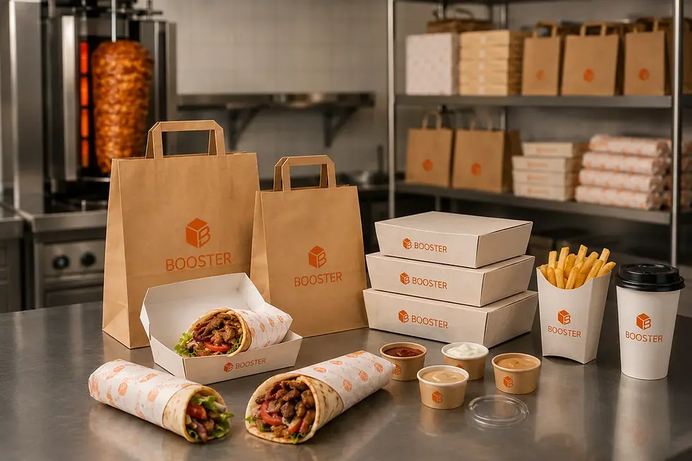 Envases personalizados BOOSTER para kebab con bolsas, cajas, vasos, patatas, salsas y papel antigrasa.