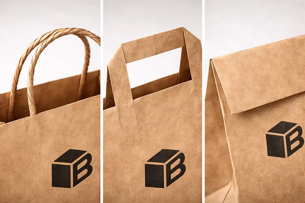 Tipos de bolsas take away personalizadas con asa rizada, asa plana y cierre superior con logo impreso.