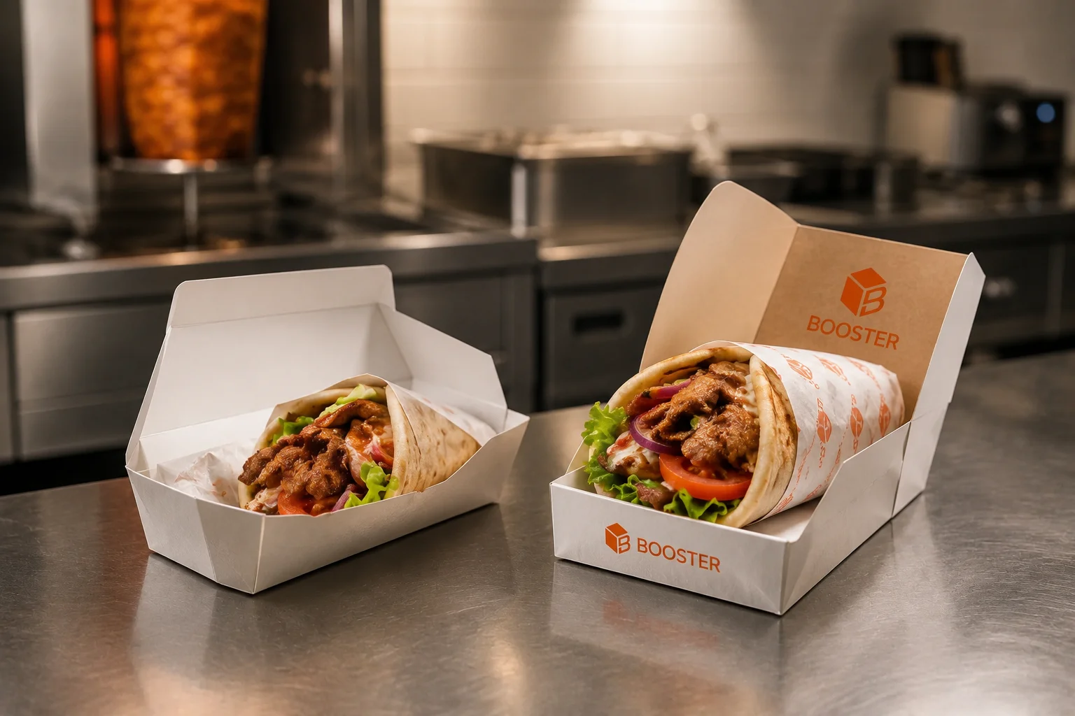 Kebab en envase genérico junto a bandeja personalizada BOOSTER con papel antigrasa.