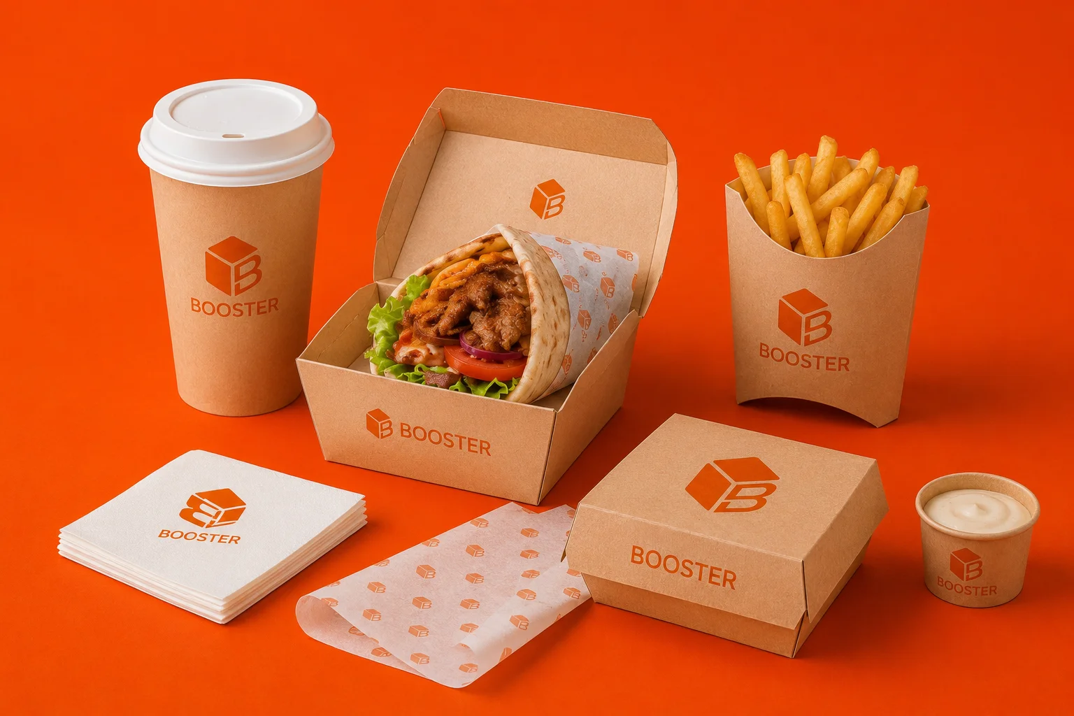 Pedido de kebab para llevar con bolsa kraft, caja, vaso y papel personalizado BOOSTER.