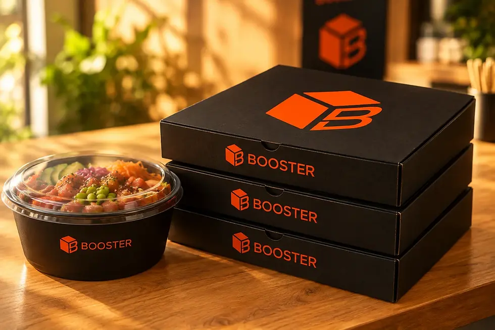 Cajas de sushi con logo y bowl de poke, envases para delivery apilados en encimera
