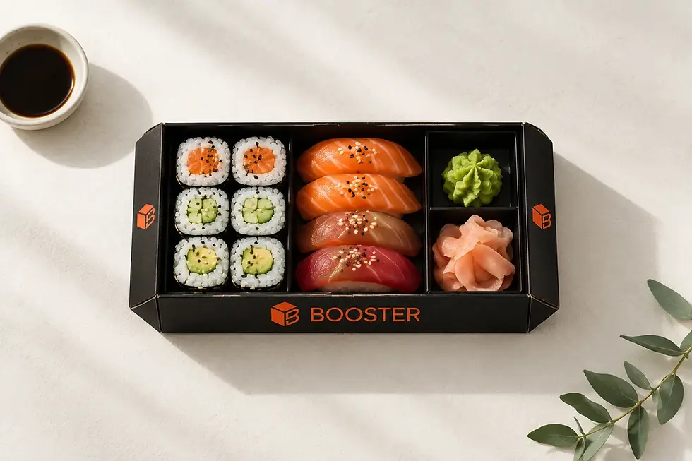 Bandeja para sushi con compartimentos separados, referencia en guía de envases para delivery