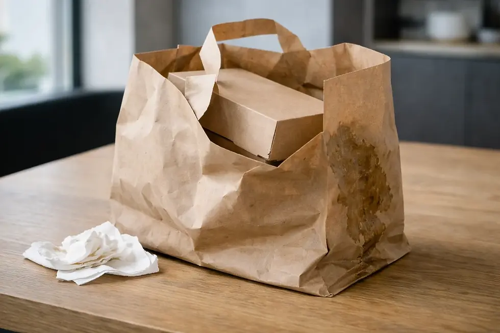 Bolsa de papel take away manchada y arrugada con caja de comida en su interior, mostrando problemas de calidad en delivery.