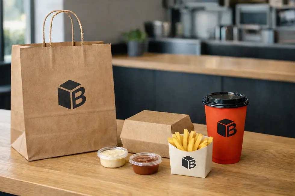 Bolsa take away personalizada con envases de comida para llevar, vaso y petaca de patatas sobre una barra de restaurante.
