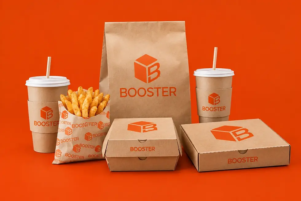 Bolsas kraft, cajas de hamburguesa y vasos con sleeve muestran distintos tipos de personalización en packaging de hostelería