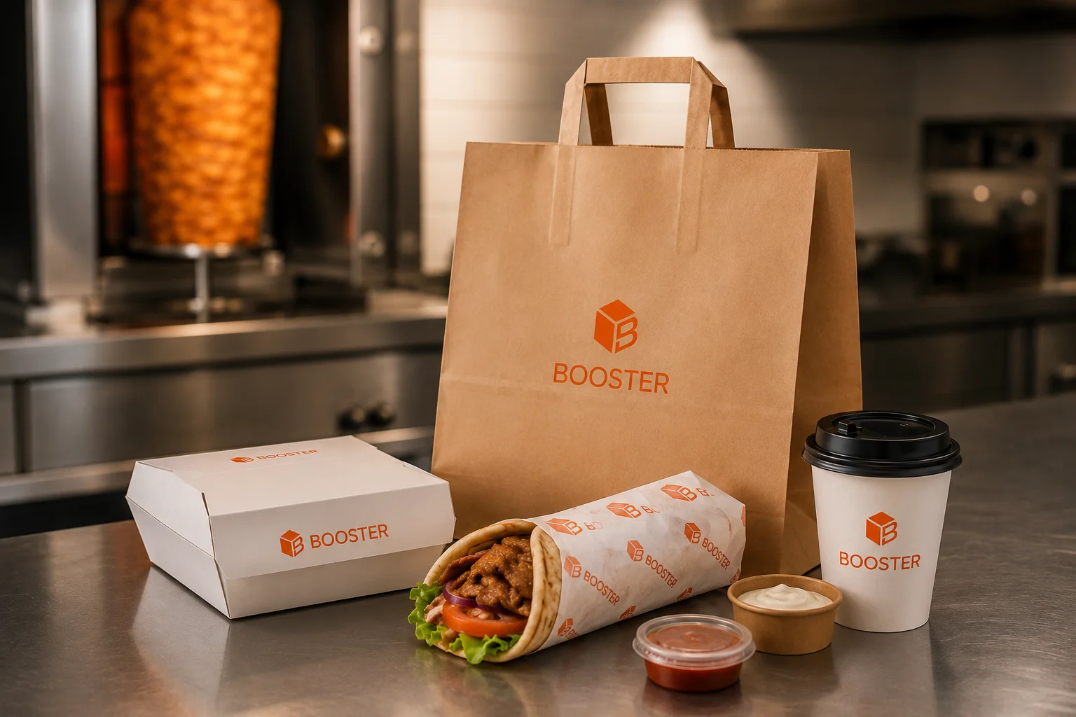 Comparativa entre un envase genérico y una bandeja personalizada BOOSTER para kebab.