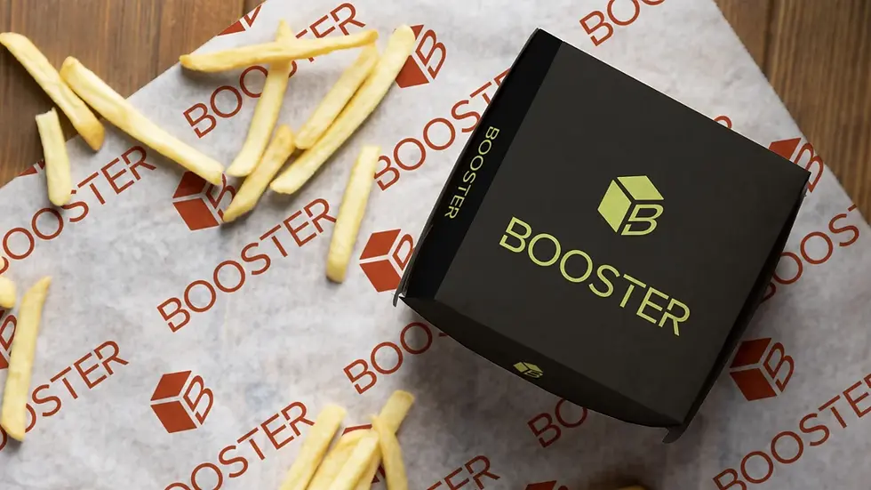 Caja de comida rápida personalizada Booster sobre papel alimentario impreso con el logo