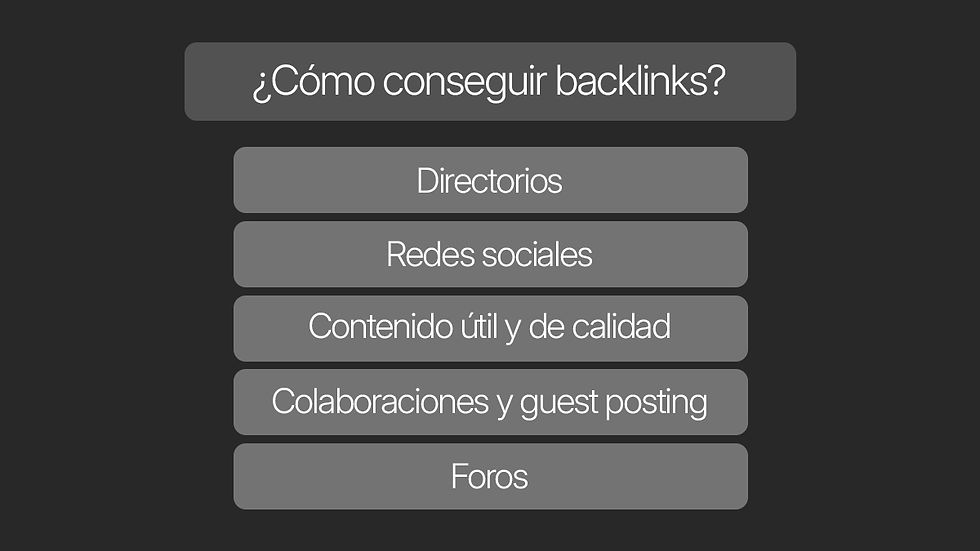Gráfico con métodos para conseguir backlinks: directorios, redes sociales, contenido de calidad, colaboraciones y foros.