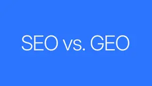 Comparativa visual con el texto “SEO vs. GEO” sobre fondo azul, representando la diferencia entre el posicionamiento web tradicional y el Generative Engine Optimization.