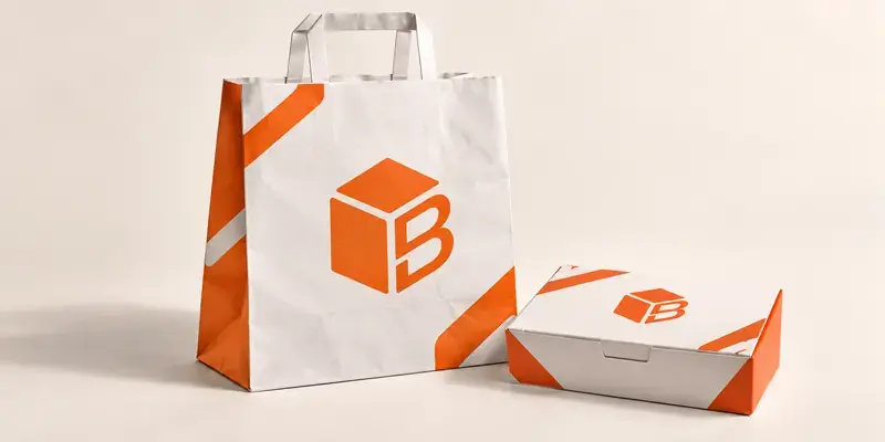 Bolsa de papel personalizada para delivery de churrería junto a una caja para llevar.