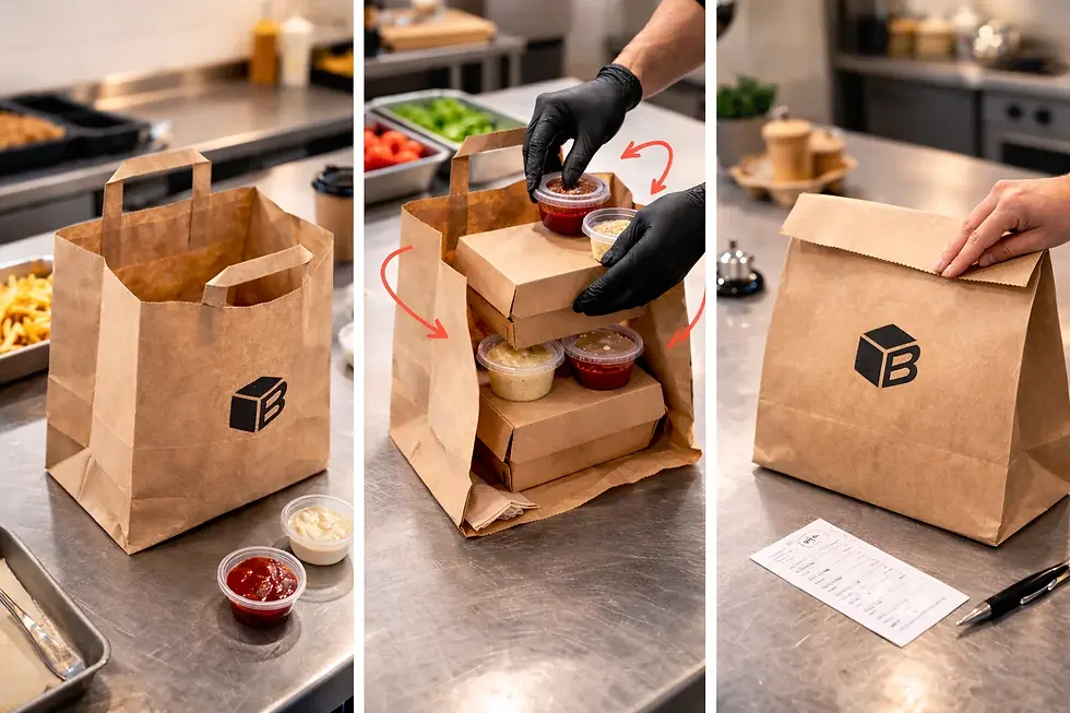 Proceso de montaje de una bolsa take away personalizada con cajas de comida, salsas y cierre para delivery en cocina profesional.