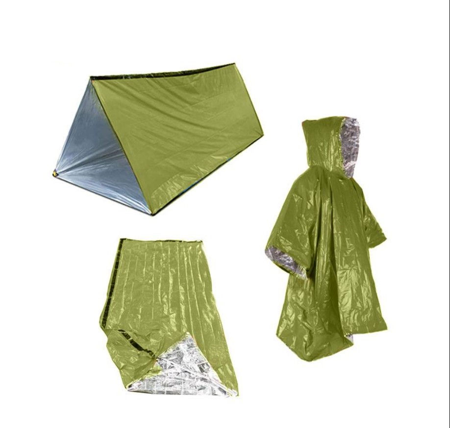 Outdoor emergency 3-piece set including tent, raincoat, sleeping bag, outdoor em