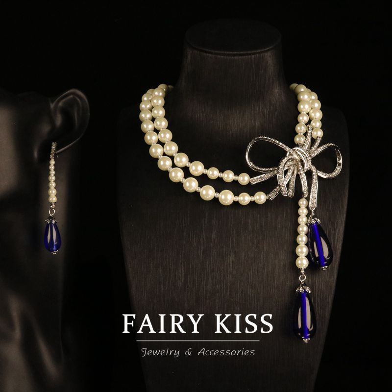 Light luxury personalized bowknot dense Diamond full copper glass pearl necklace