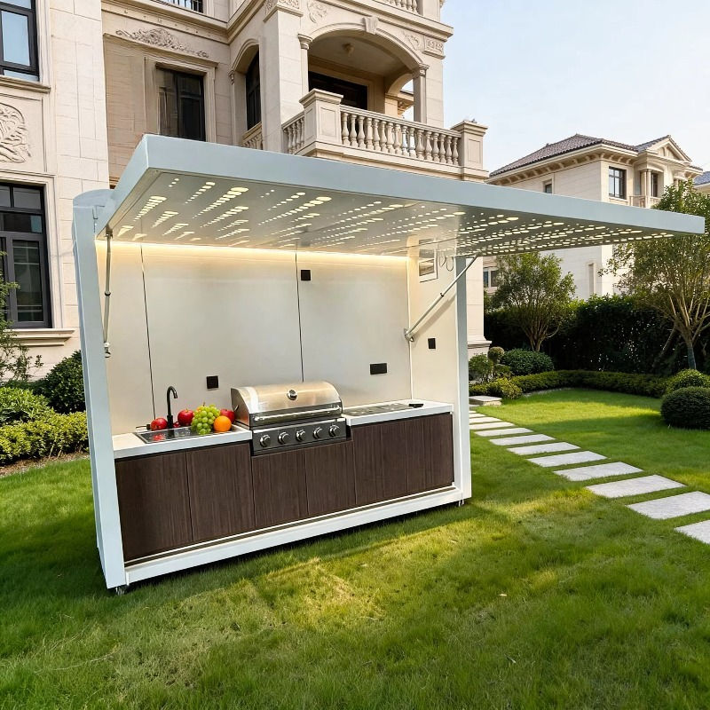 Modular Outdoor Kitchen Set, Windproof Garden Shelter with Integrated Bar & BBQ