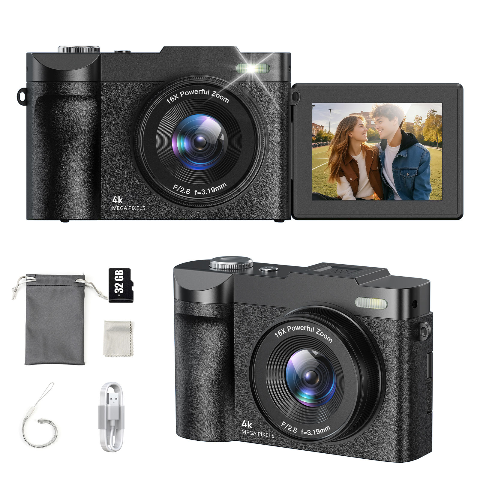 Digital Camera for Photography Camera with 2.8" 180° Flip Screen 16X Shoot Cam