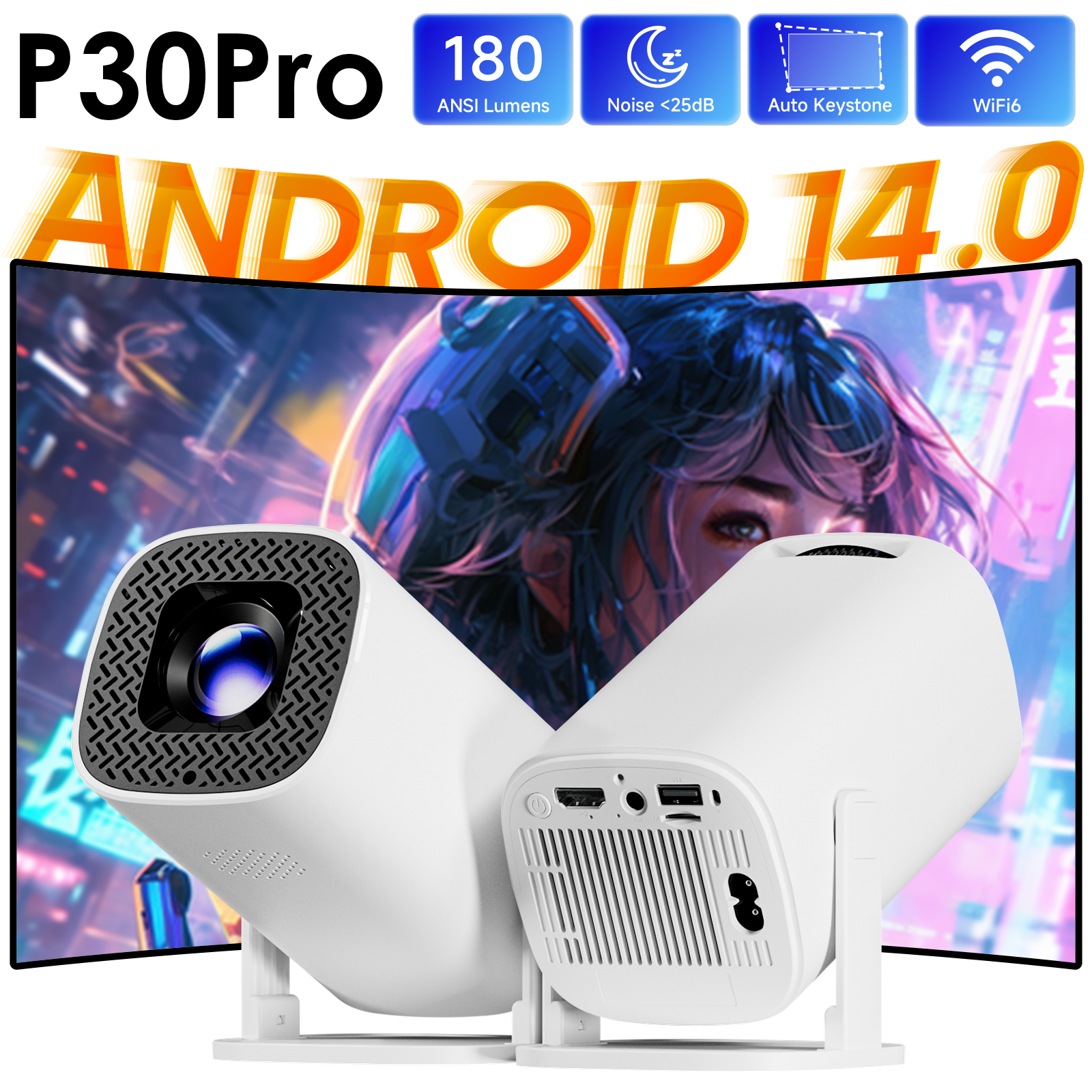 P30PRO Android 14 Smart Mini Projector WiFi6 BT 5.0 Supports 4K 1280 * 720P Supp