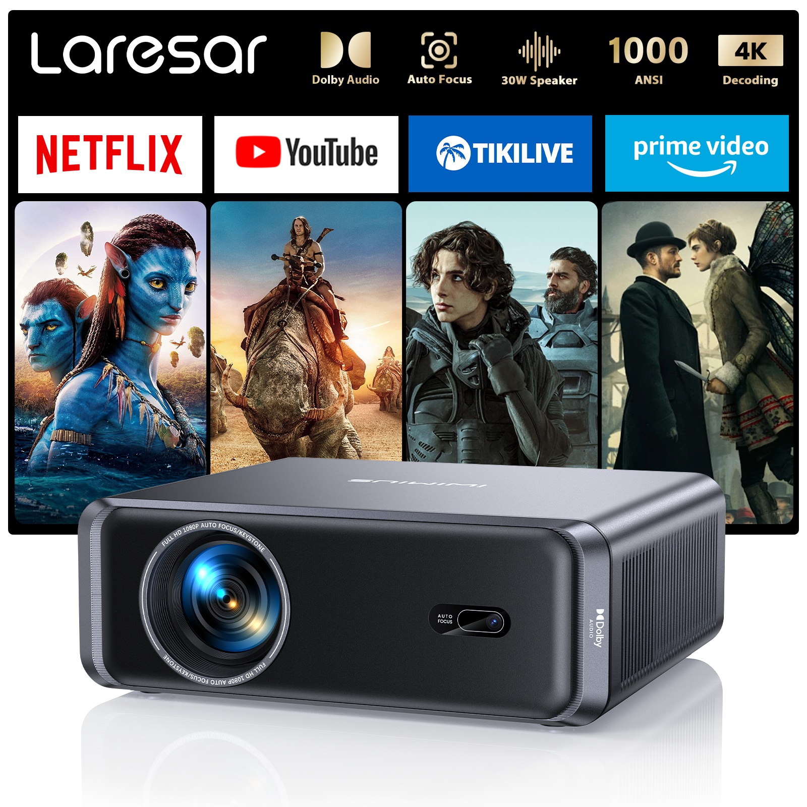 Laresar A1 Projector 4K 1000ANSI Netflix Officially Native 1080P Android TV Auto
