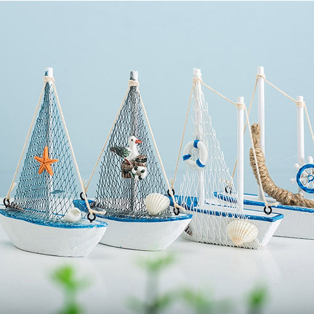 1pc Mini Mediterranean Style Marine Nautical Wooden Blue Sailing Boat Ship Wood
