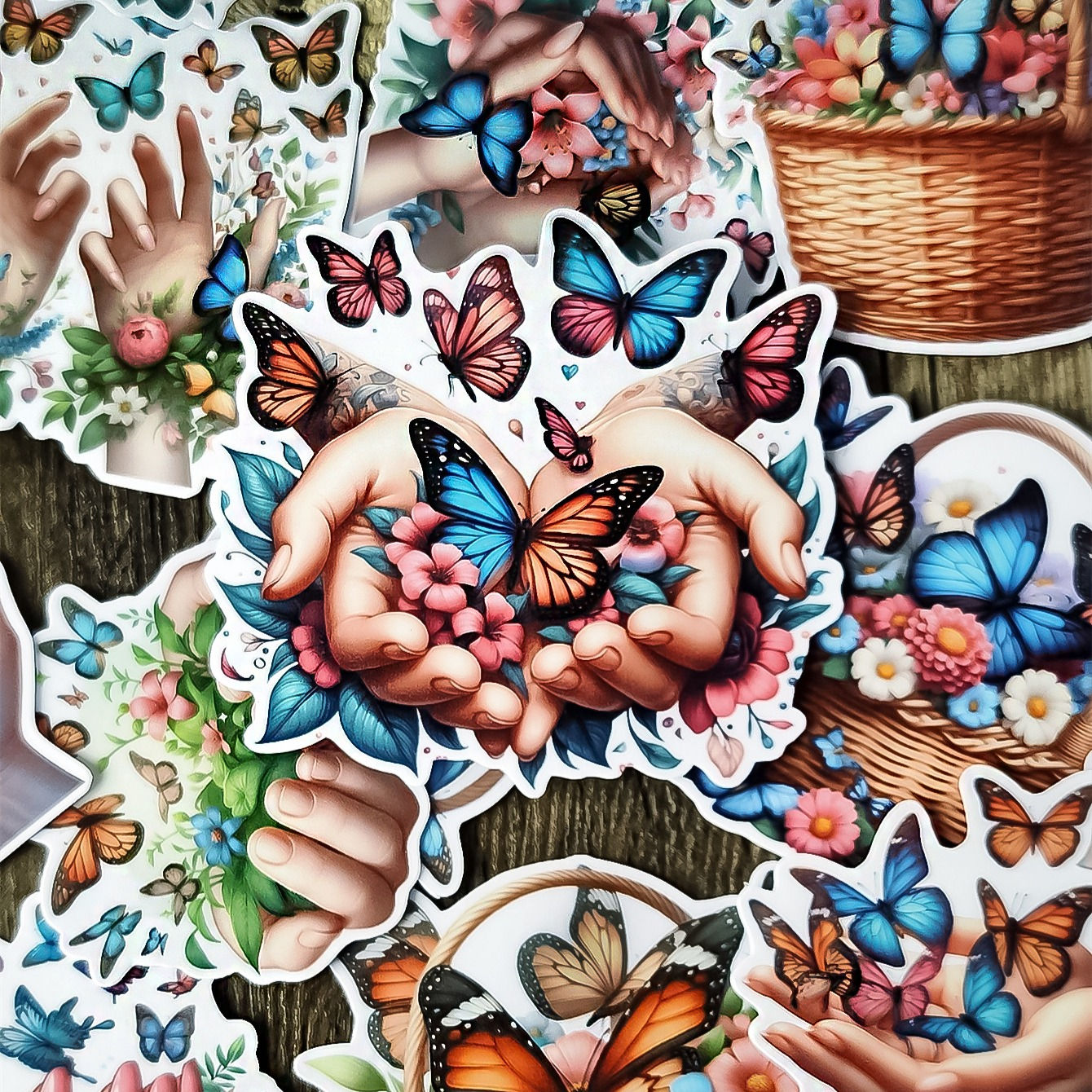 1 Set Sweet Flower Basket in Hand Stickers Hand Account Cute Diy Album Charact