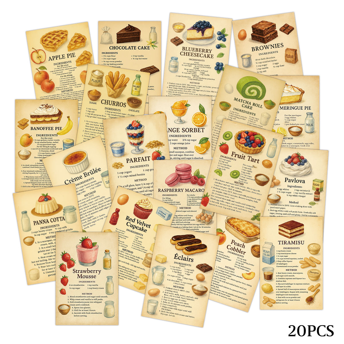 20pcs Sweet Dessert Recipe Postcards,Step Methods,Ingredient Lists Design,Decor&