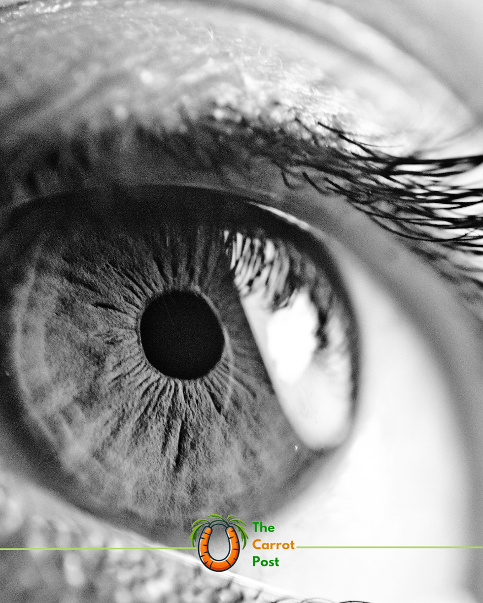 Black-and-white close-up of a human eye with lashes; The Carrot Post logo and text appear at the bottom.