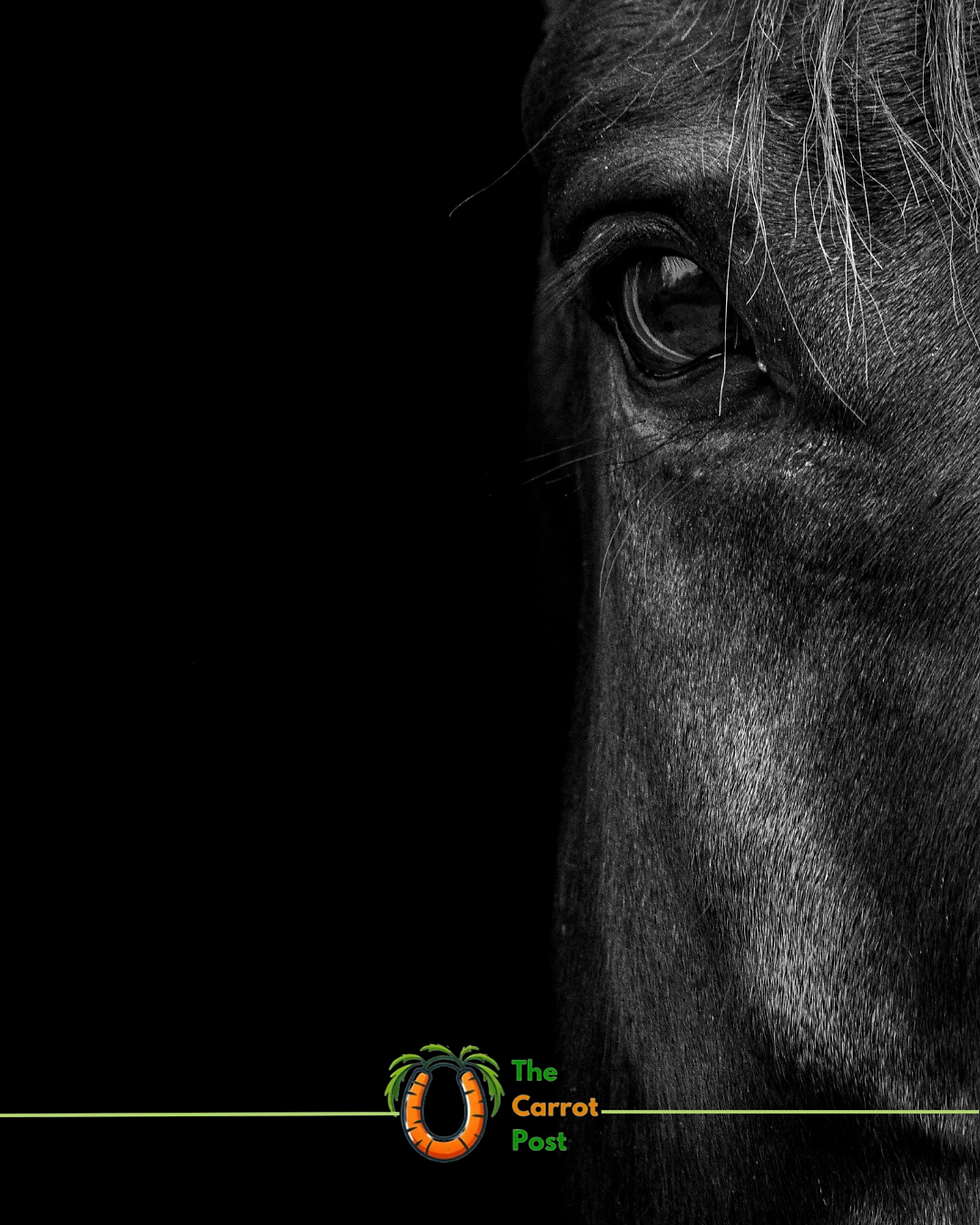 Black-and-white close-up of a horse’s face and eye on a black background, with The Carrot Post logo at bottom.
