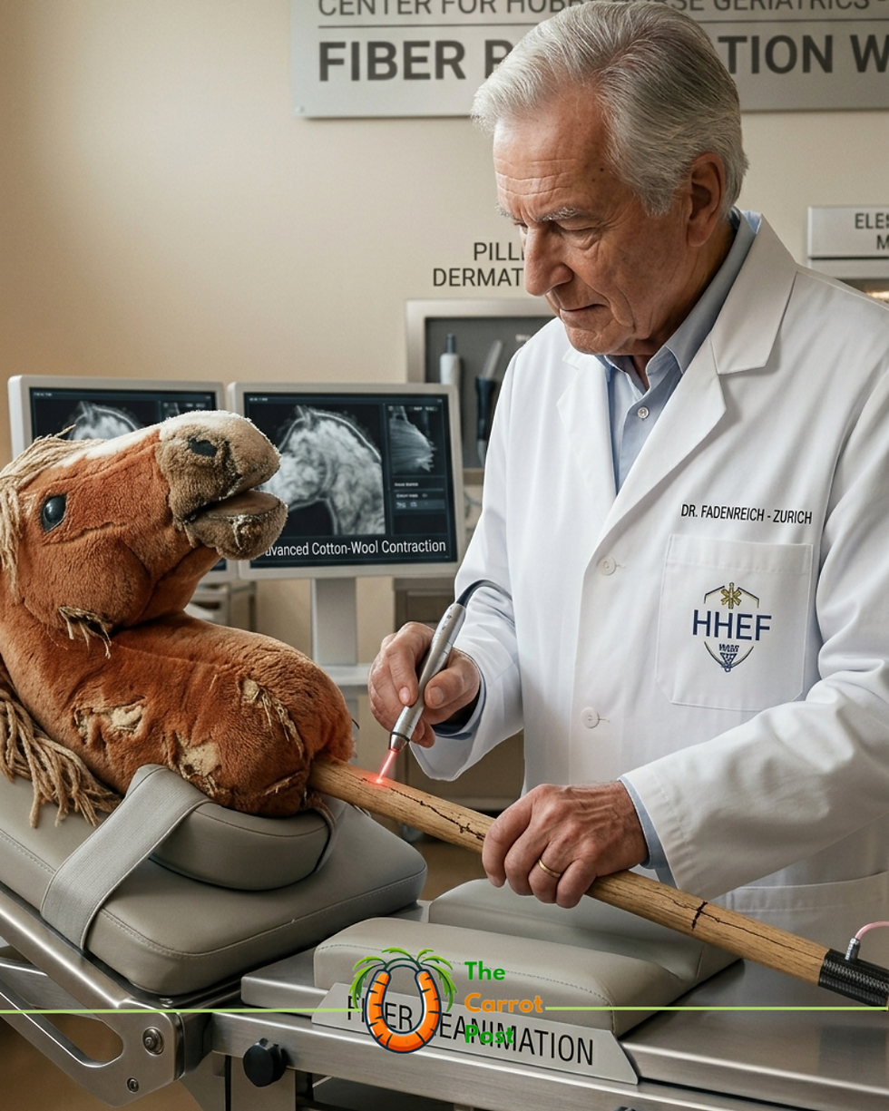 Man in lab coat examines a worn hobby horse with a tool in a clinical room. Background has monitors and a sign. Serious mood.