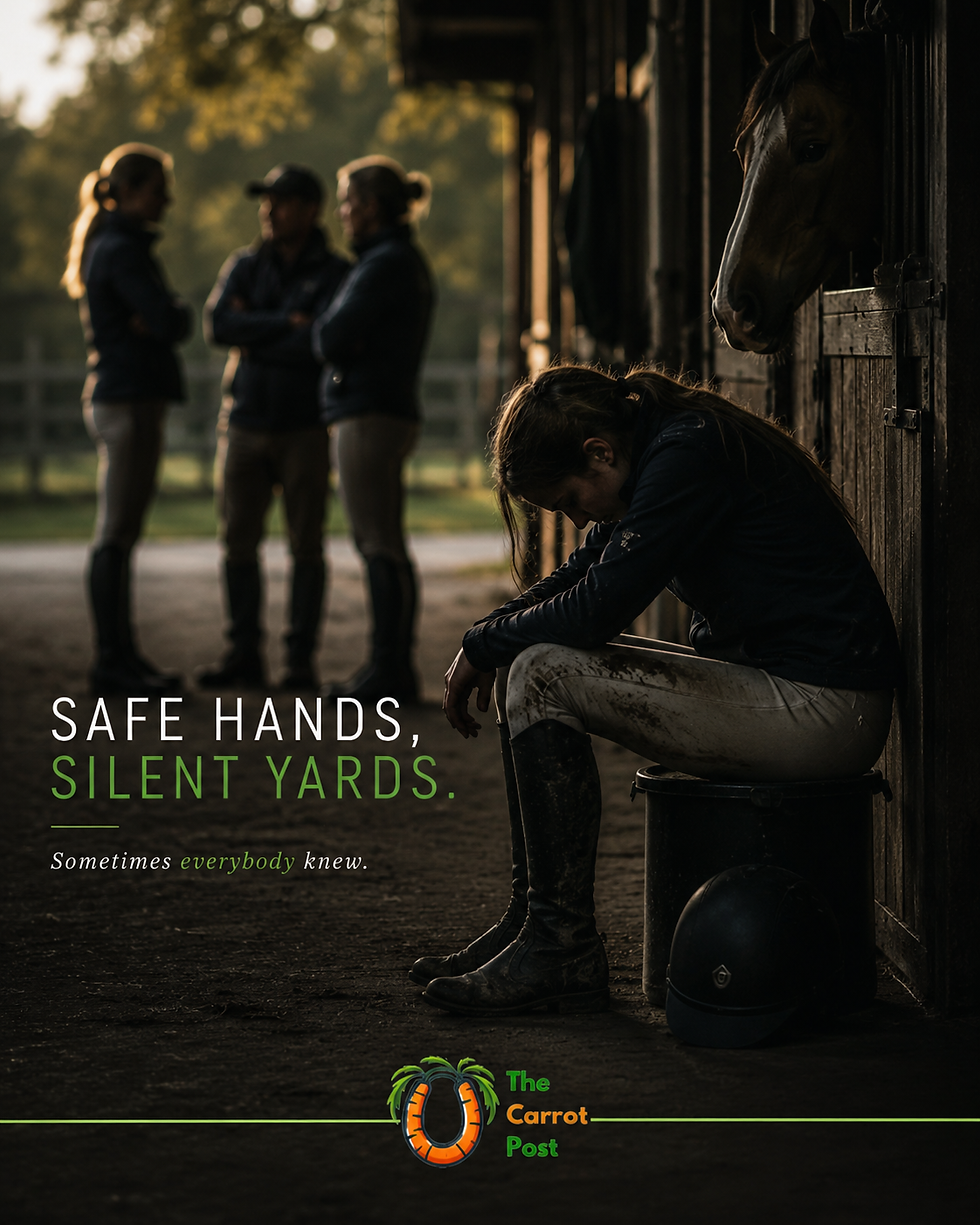 Woman sits outside a horse stable, head bowed, with a horse watching and three blurred people behind; poster reads Safe Hands, Silent Yards.